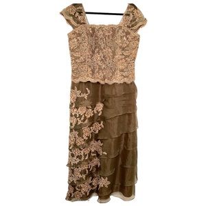 VTG Jovani Women’s Sz 18 Brown Beaded Long Maxi Ruffle Dress Lined Short Sleeve